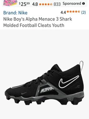 Nike Kids Black and Gray Alpha Menace 3‎ Shark Football Cleats